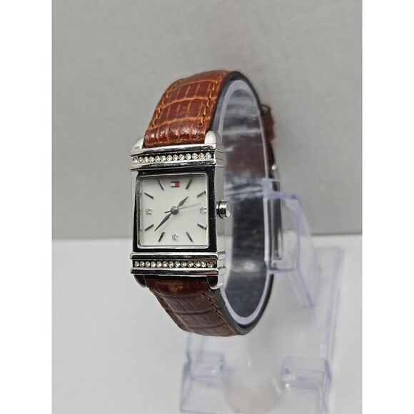 Tommy Hilfiger Womens Square Crystal Quartz Watch Brown Leather New Battery Slim - Picture 2 of 11